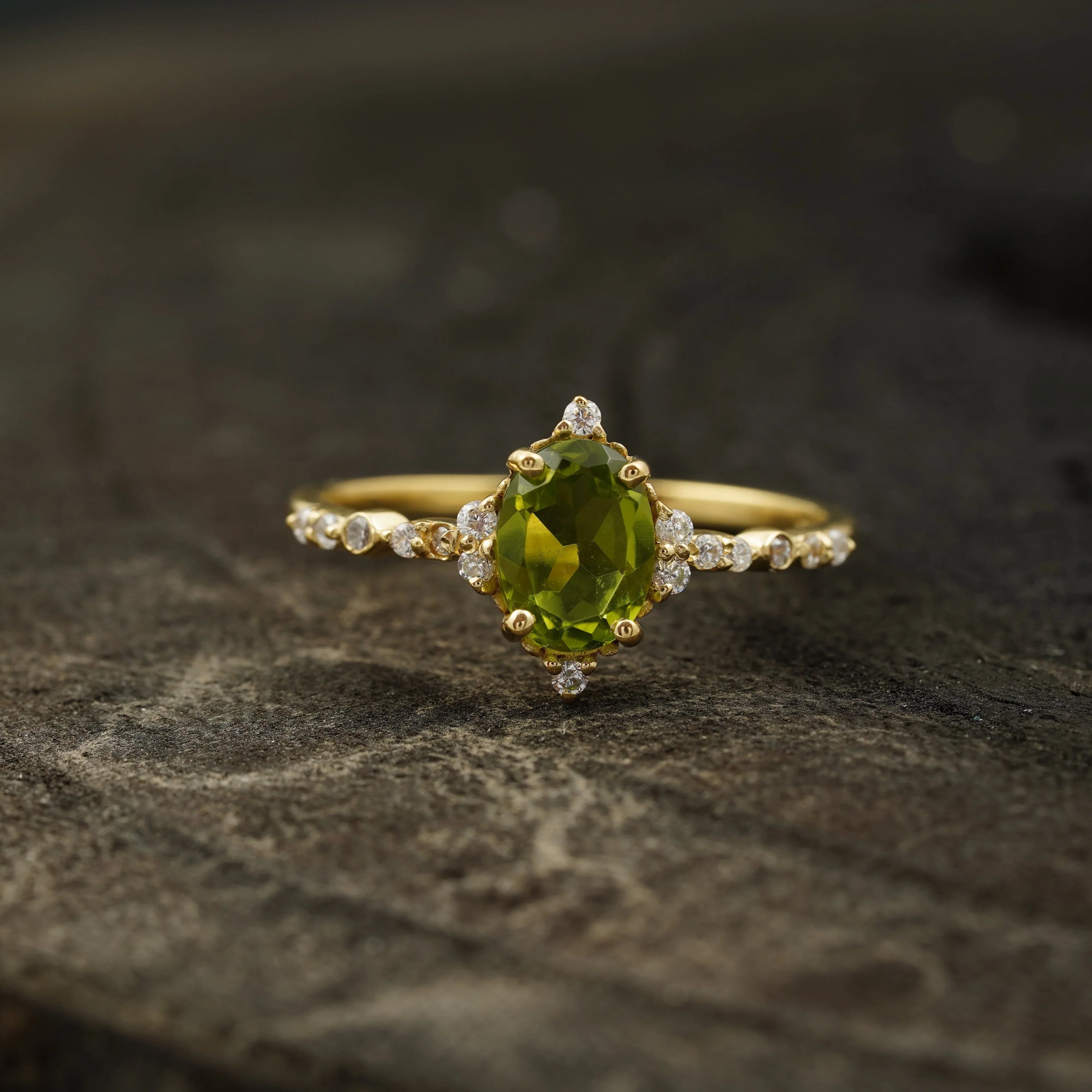 Oval Cut Cluster Halo Diamond Peridot Engagement Ring - MinimalistJewels