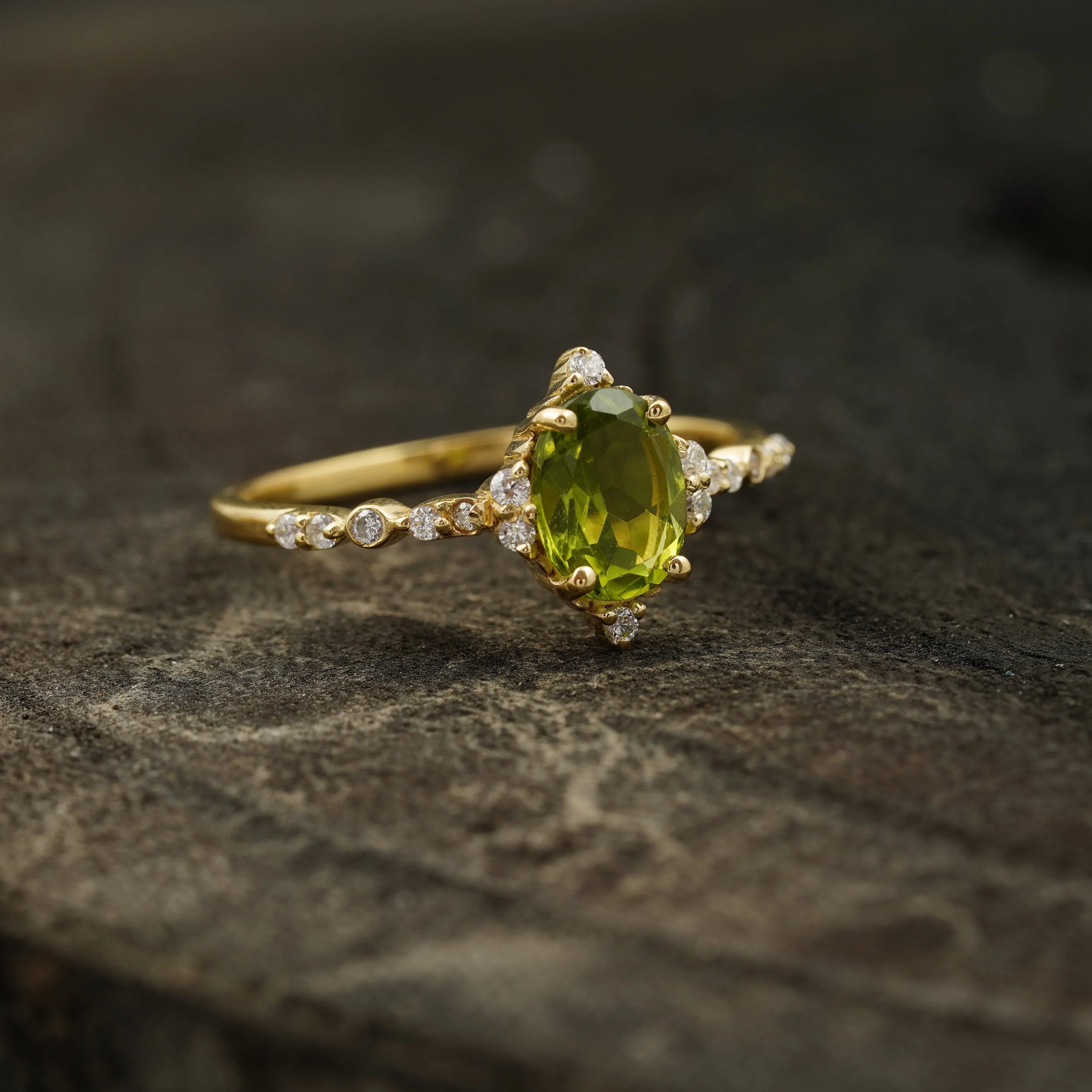 Oval Cut Cluster Halo Diamond Peridot Engagement Ring - MinimalistJewels
