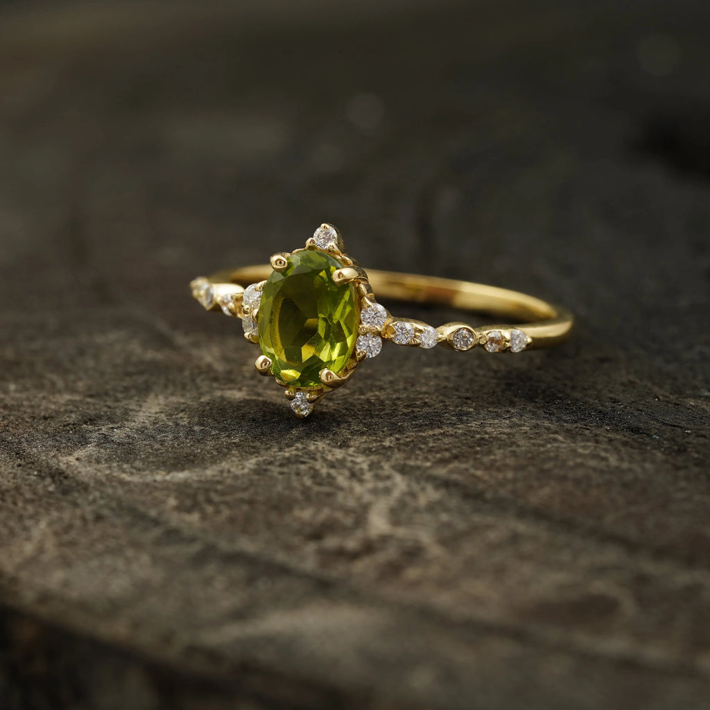Oval Cut Cluster Halo Diamond Peridot Engagement Ring - MinimalistJewels