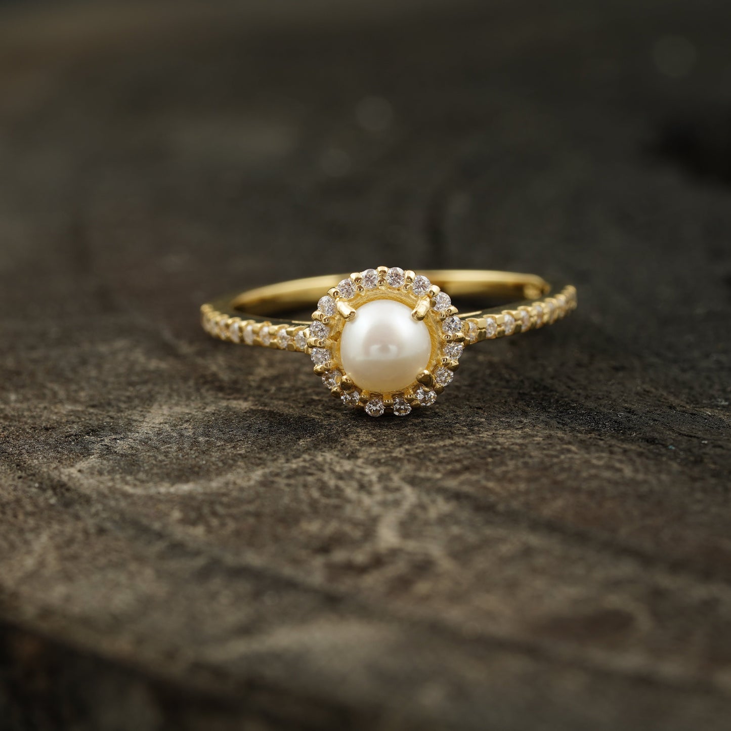 Pearl & Diamond Silver Engagement Ring Main