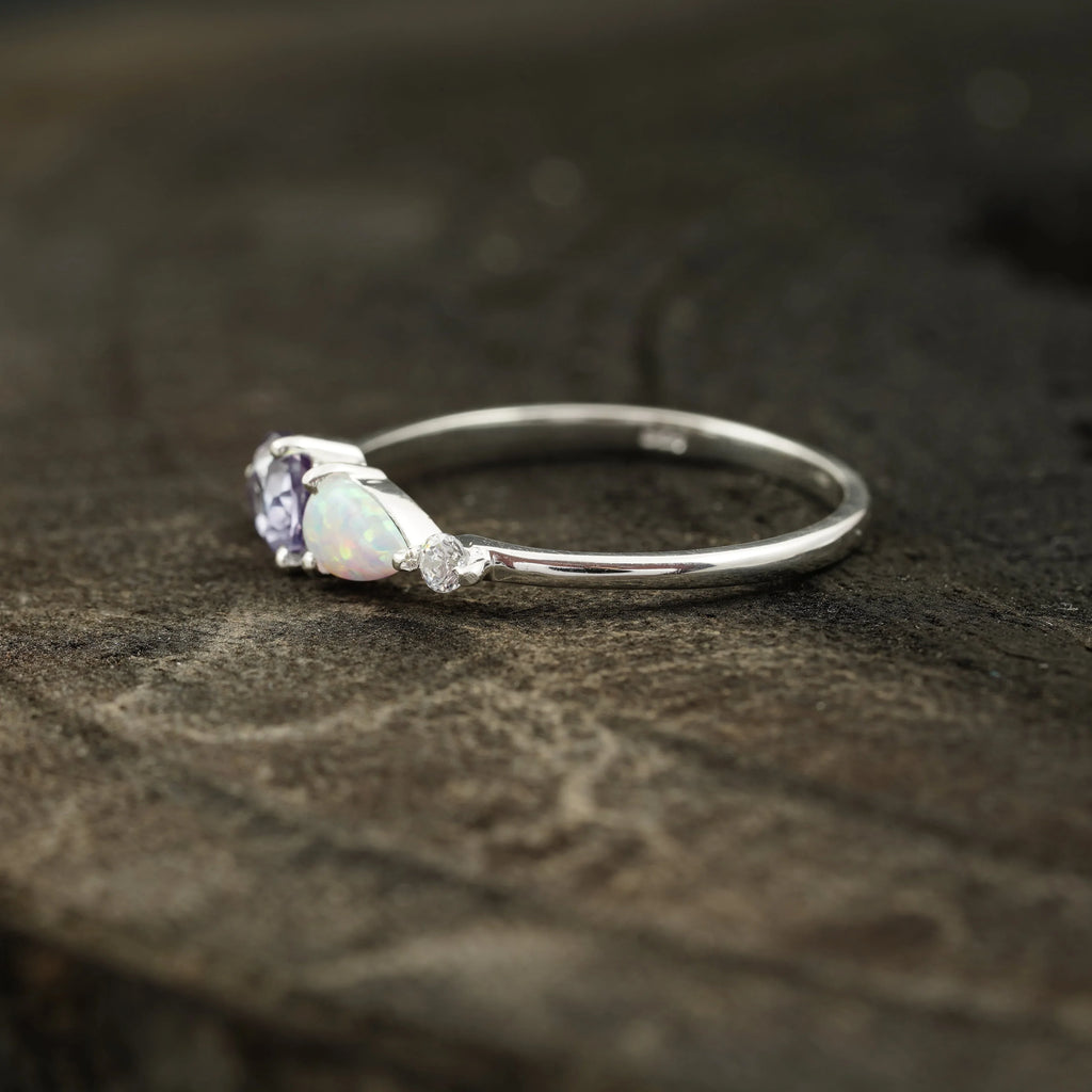 Pear Cut Alexandrite Art Deco Moissanite 3 Stone Wedding Band - MinimalistJewels