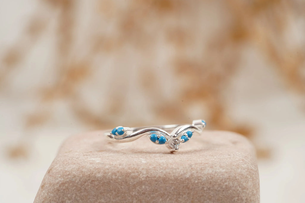 Turquoise Half Eternity Sterling Silver Wedding Band - MinimalistJewels