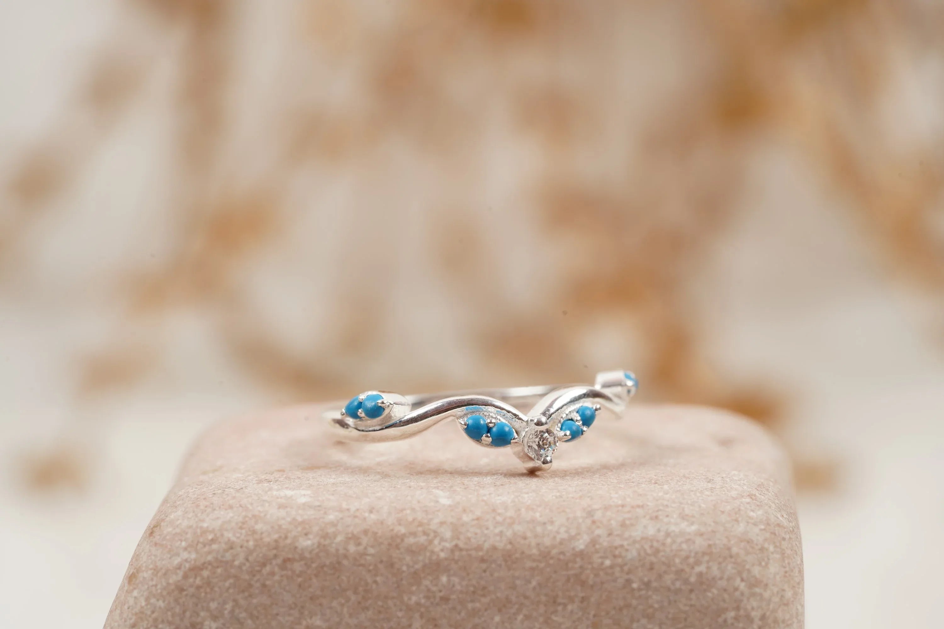 Turquoise Half Eternity Sterling Silver Wedding Band - MinimalistJewels