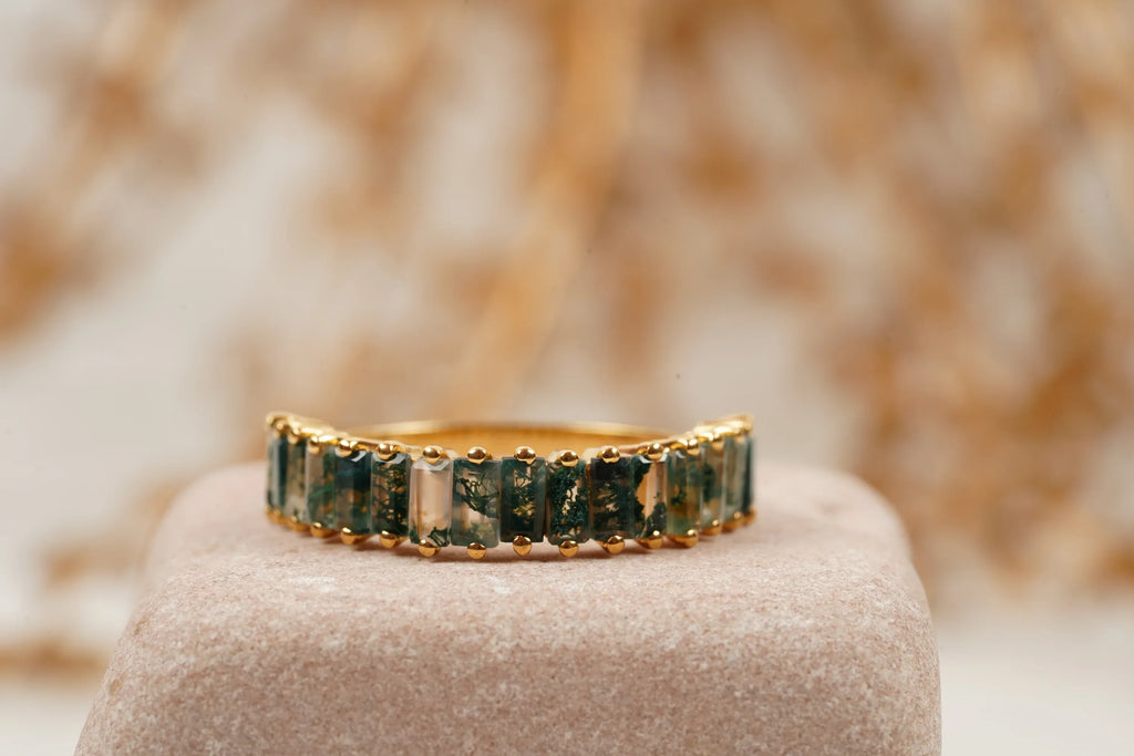 Baguette Cut Moss Agate Stone Wedding Band - MinimalistJewels