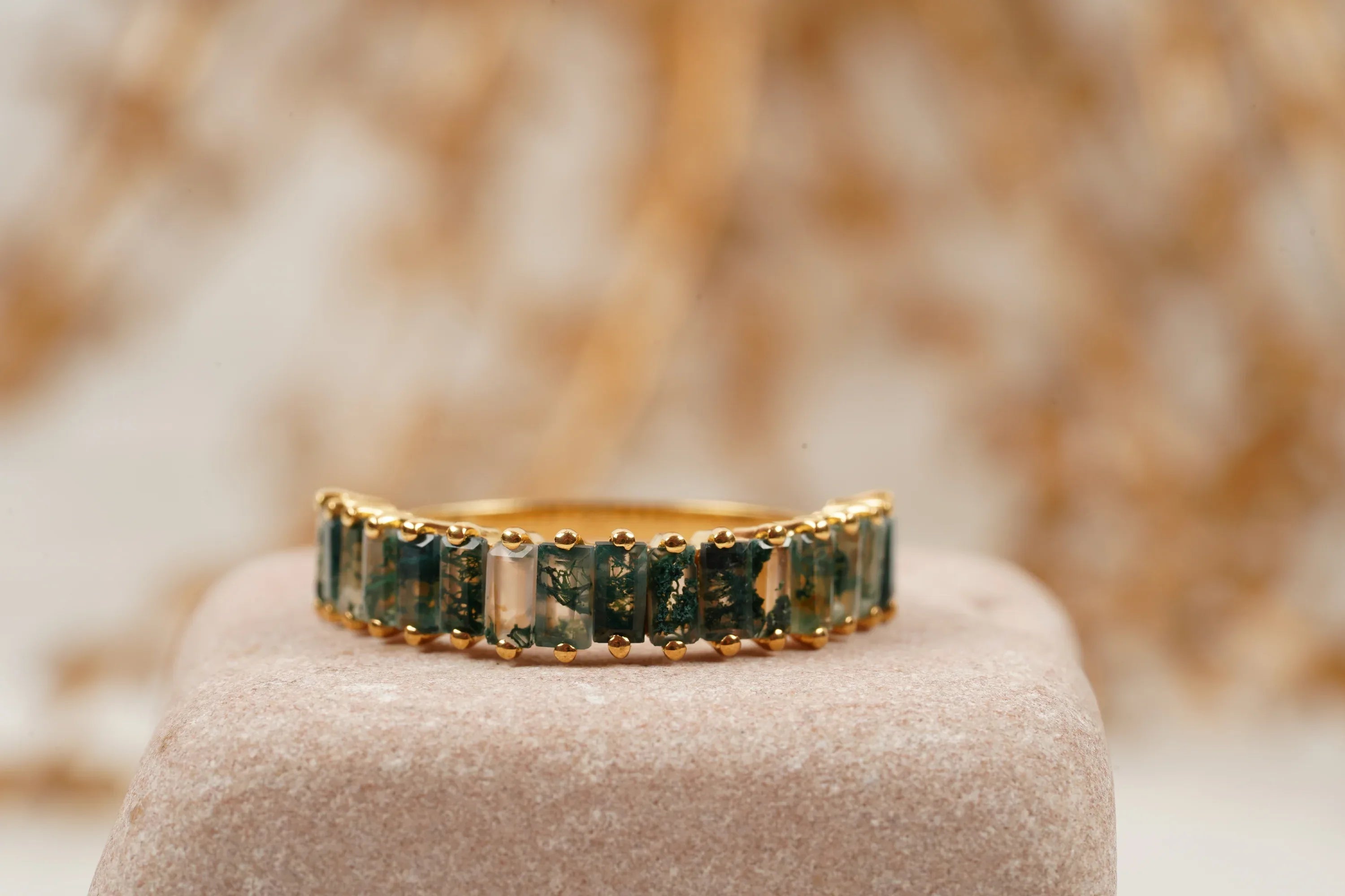 Baguette Cut Moss Agate Stone Wedding Band - MinimalistJewels