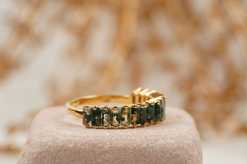 Baguette Cut Moss Agate Stone Wedding Band - MinimalistJewels