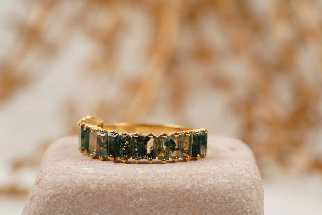 Baguette Cut Moss Agate Stone Wedding Band - MinimalistJewels