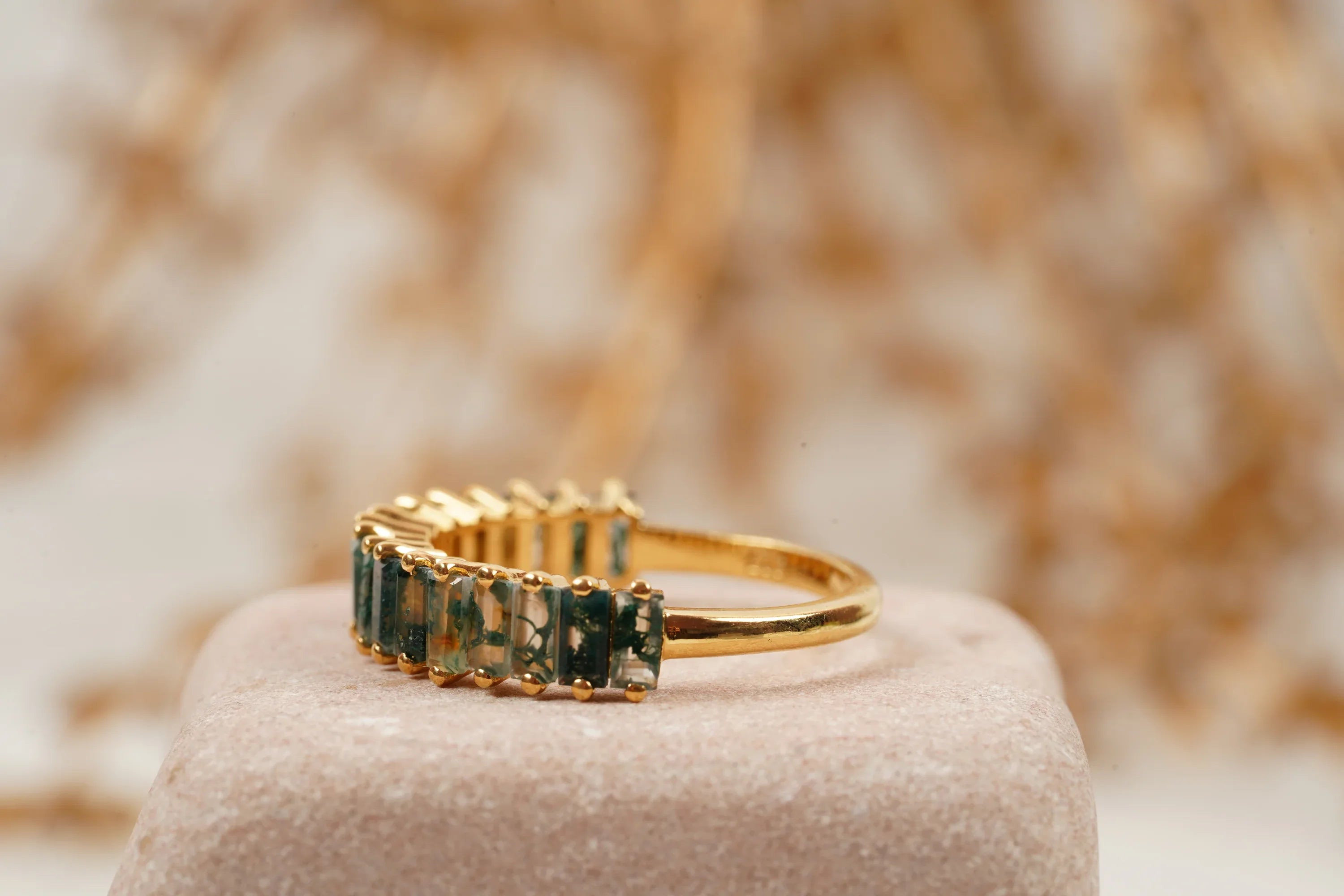 Baguette Cut Moss Agate Stone Wedding Band - MinimalistJewels