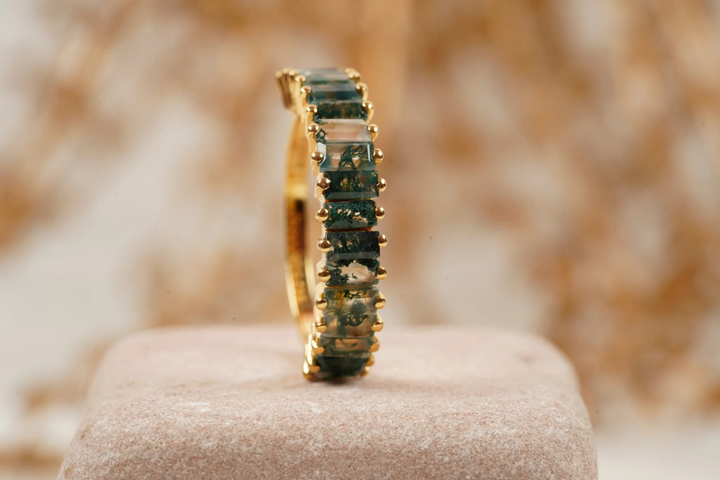 Baguette Cut Moss Agate Stone Wedding Band - MinimalistJewels