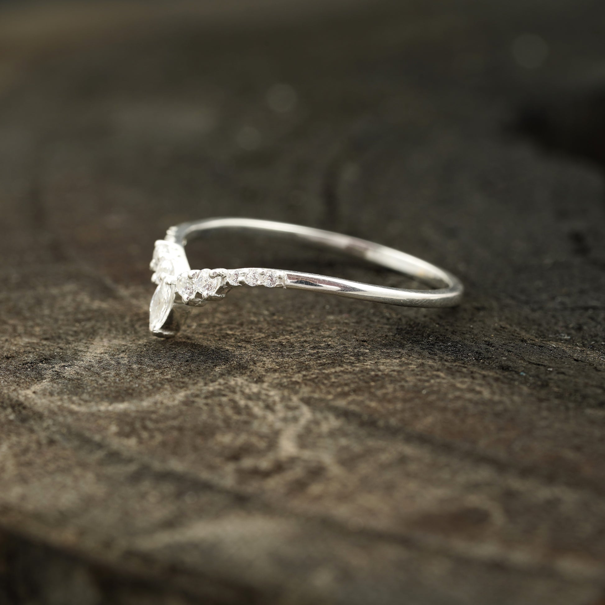 Sterling silver wedding band with marquise diamond