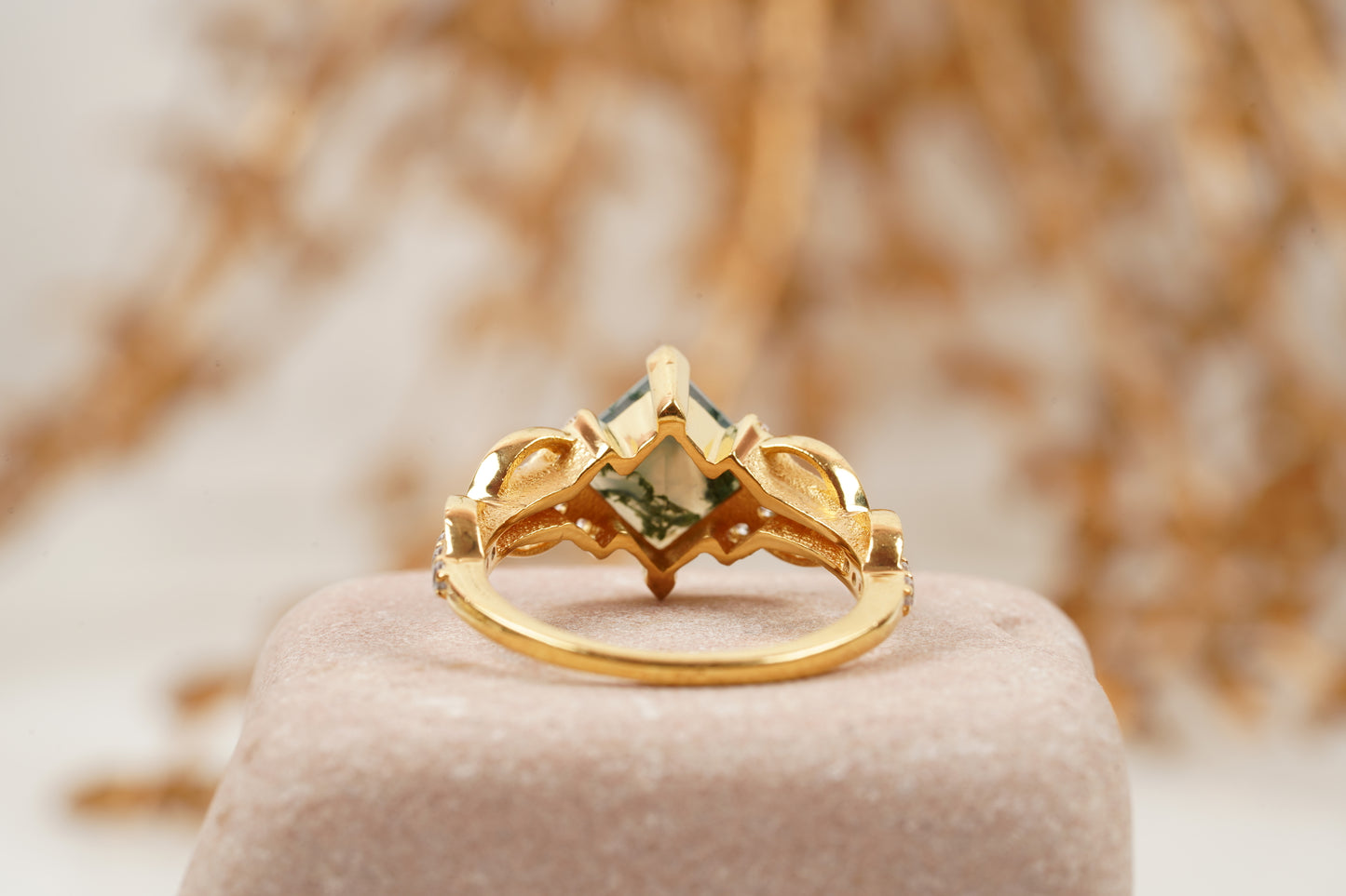 Princess cut Moss Agate engagement ring