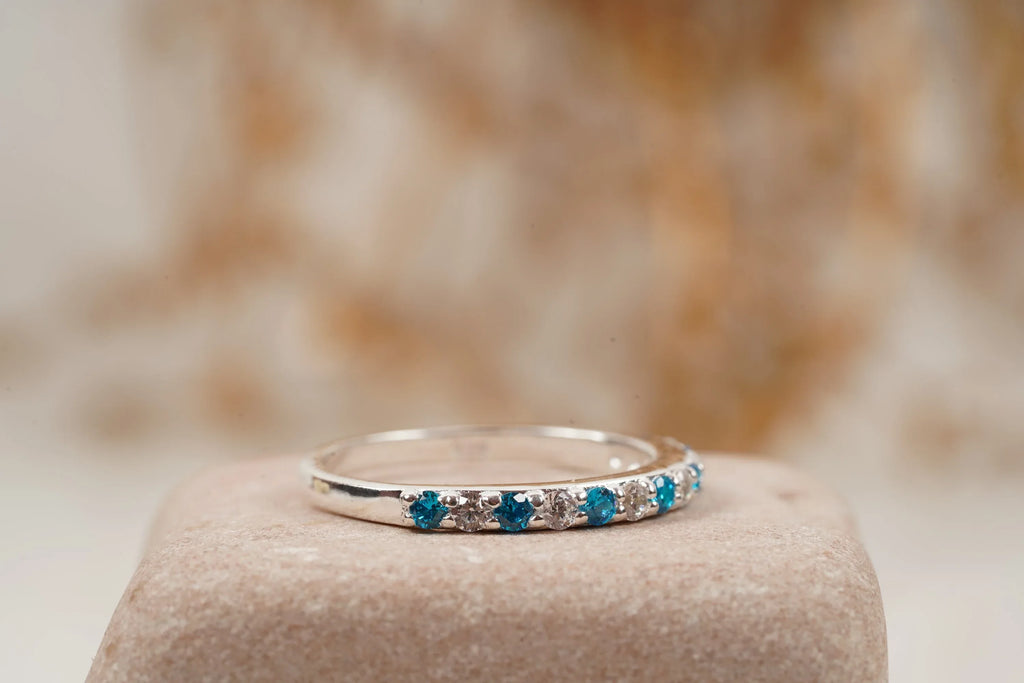 London Blue Topaz And Diamond Wedding Band 925 Sterling Silver - MinimalistJewels