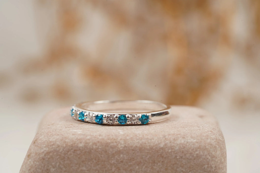London Blue Topaz And Diamond Wedding Band 925 Sterling Silver - MinimalistJewels
