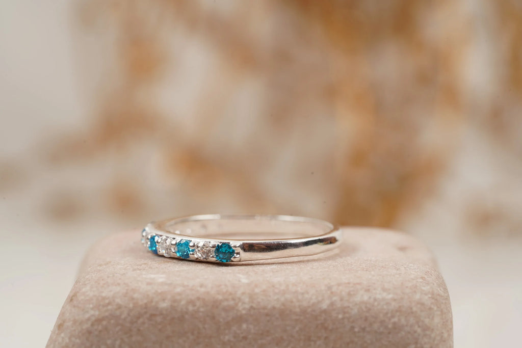 London Blue Topaz And Diamond Wedding Band 925 Sterling Silver - MinimalistJewels