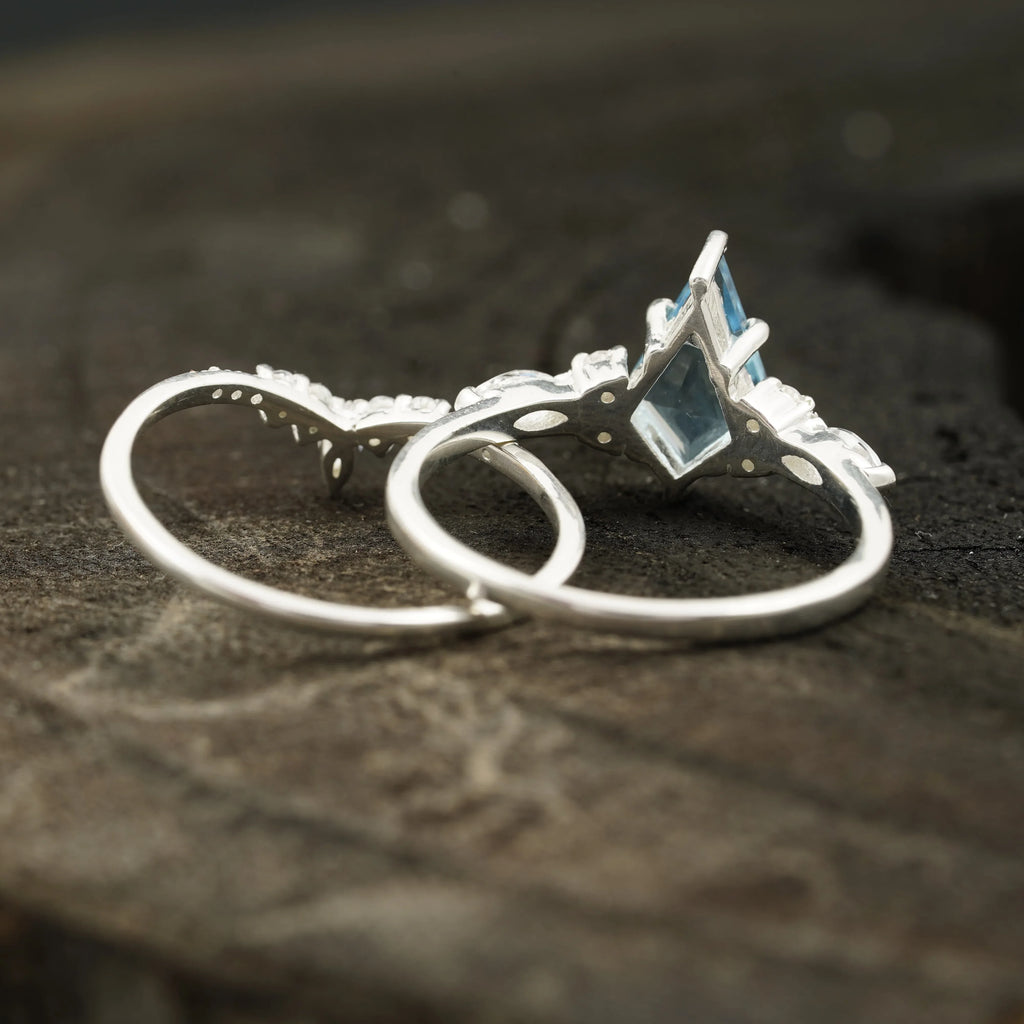 Kite Aquamarine White Gold Engagement Ring Set - MinimalistJewels