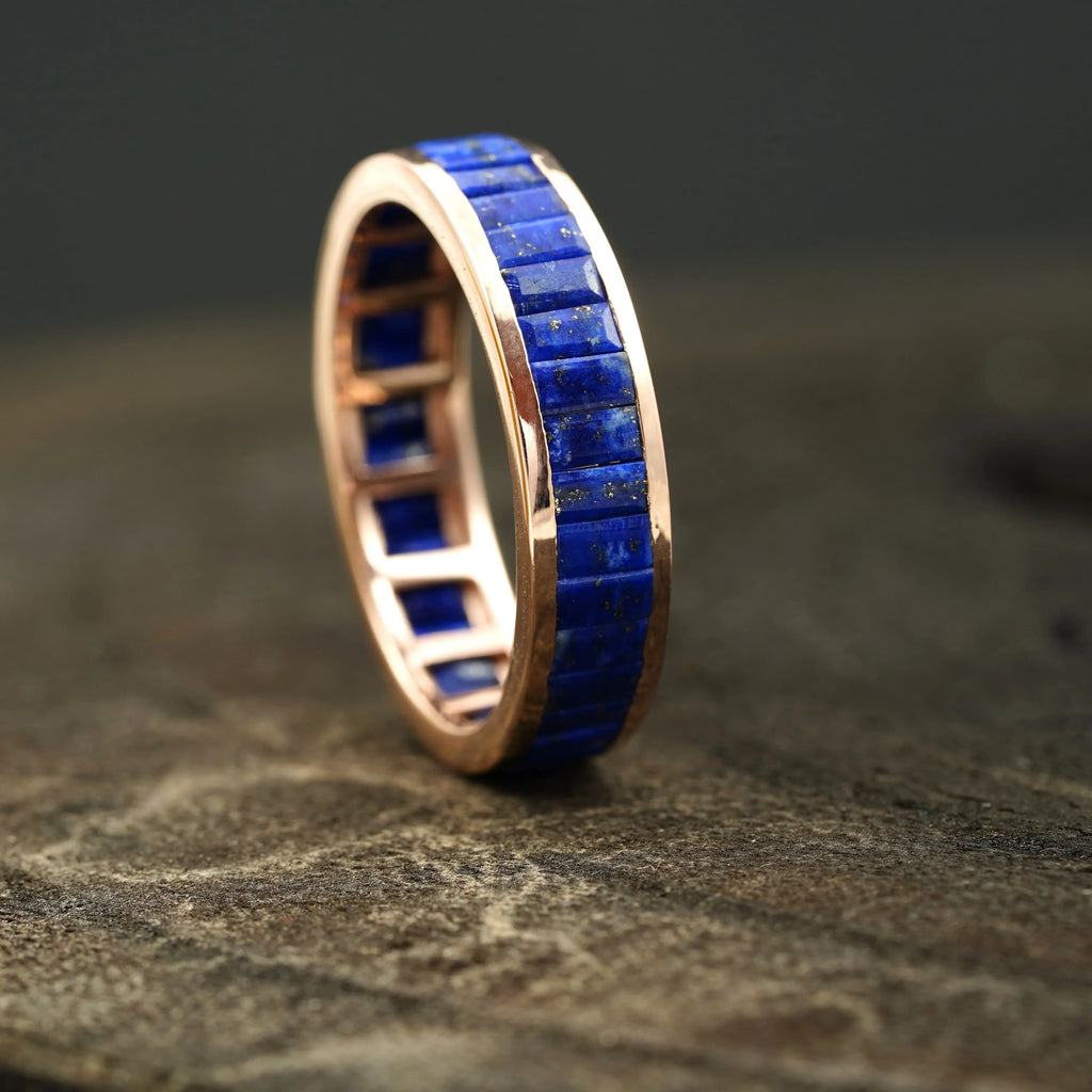 Baguette Cut Lapis lazuli Gemstone Channel Set Wedding Band - MinimalistJewels