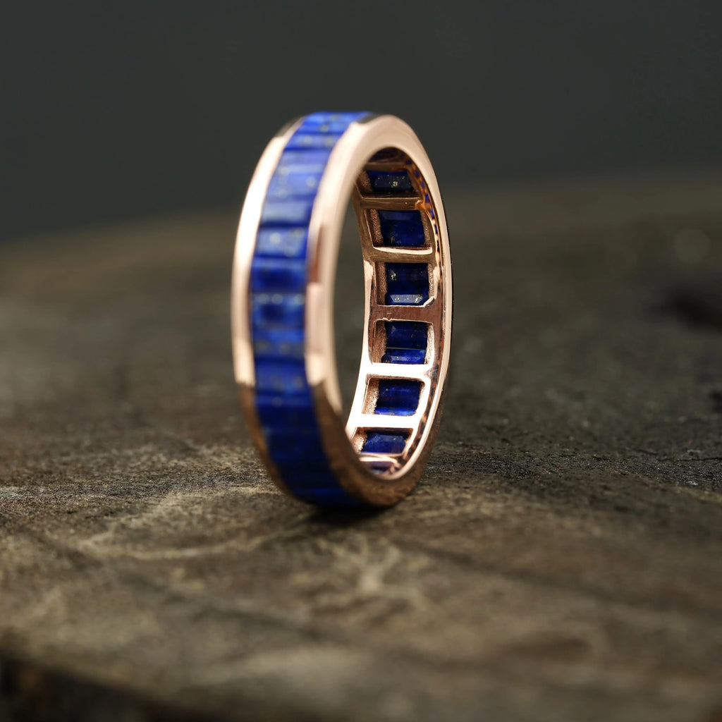 Baguette Cut Lapis lazuli Gemstone Channel Set Wedding Band - MinimalistJewels