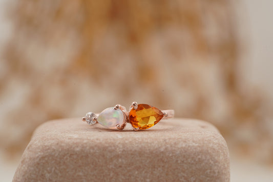 Pear Citrine Gemstone Three Stone Opal Cluster Wedding Ring
