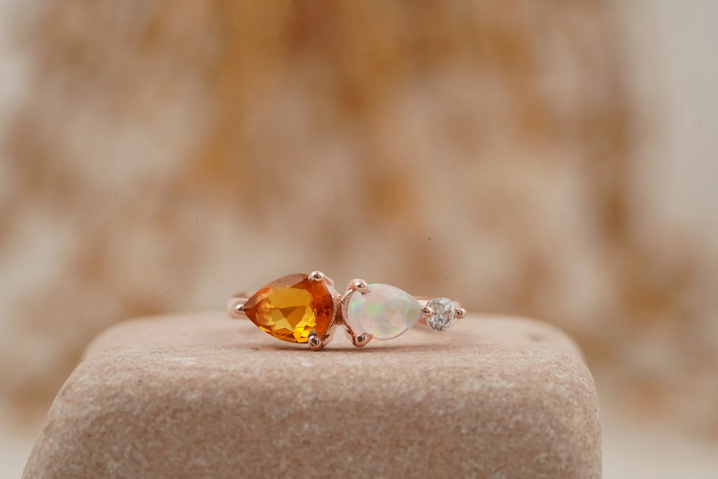 Pear Citrine Gemstone Three Stone Opal Cluster Wedding Ring - MinimalistJewels