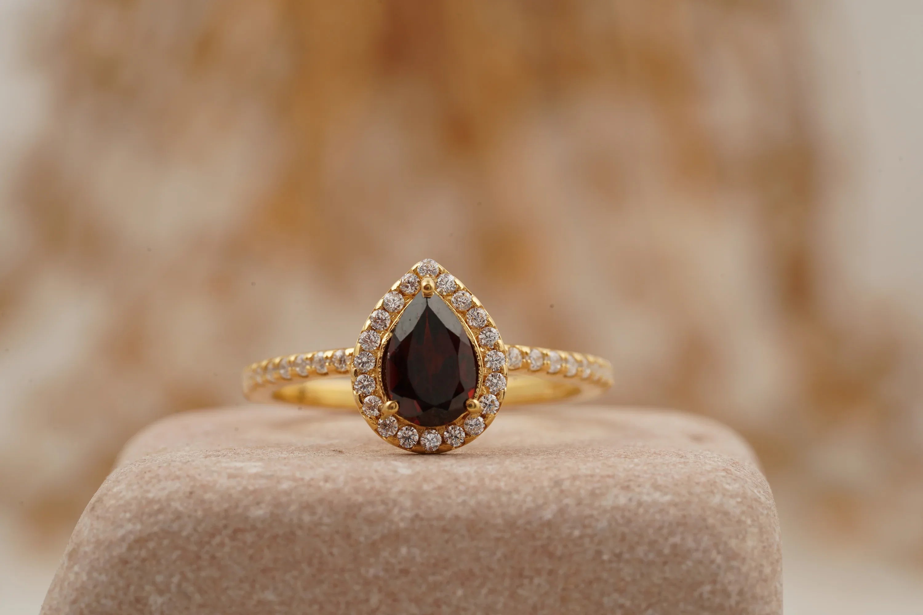 Pear Cut Red Garnet Halo Diamond Engagement Ring - MinimalistJewels