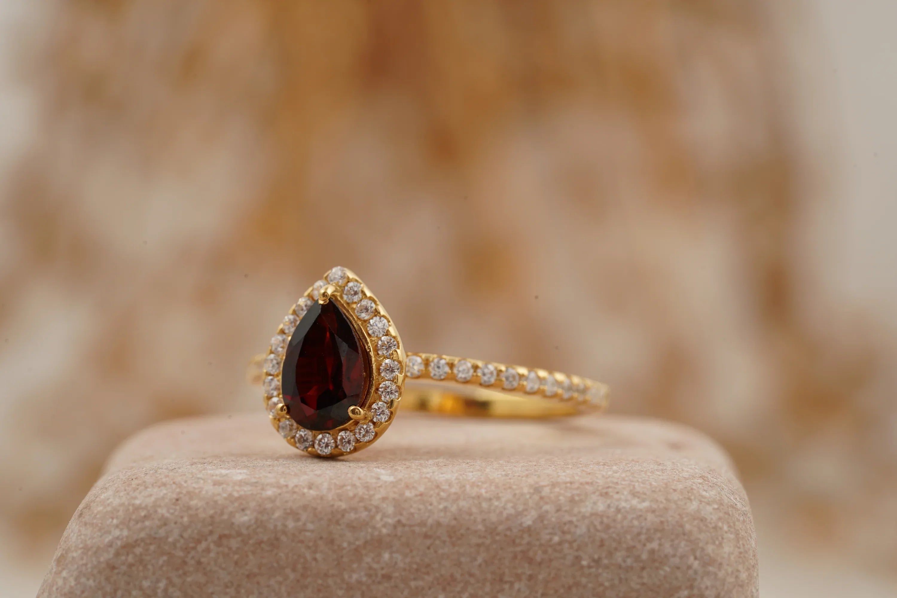Pear Cut Red Garnet Halo Diamond Engagement Ring - MinimalistJewels