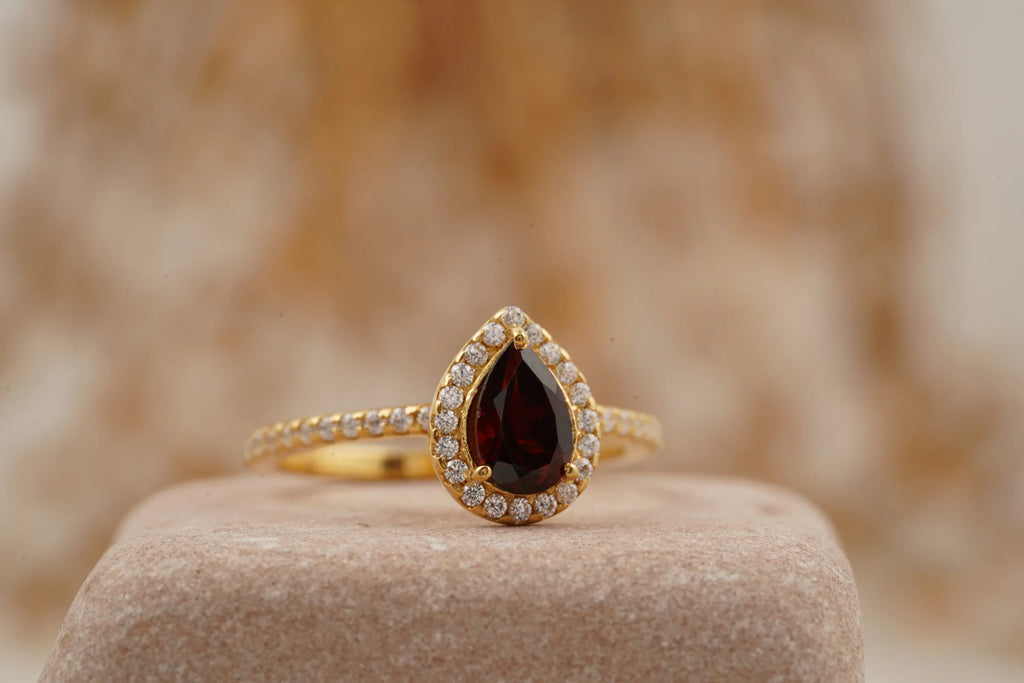 Pear Cut Red Garnet Halo Diamond Engagement Ring - MinimalistJewels
