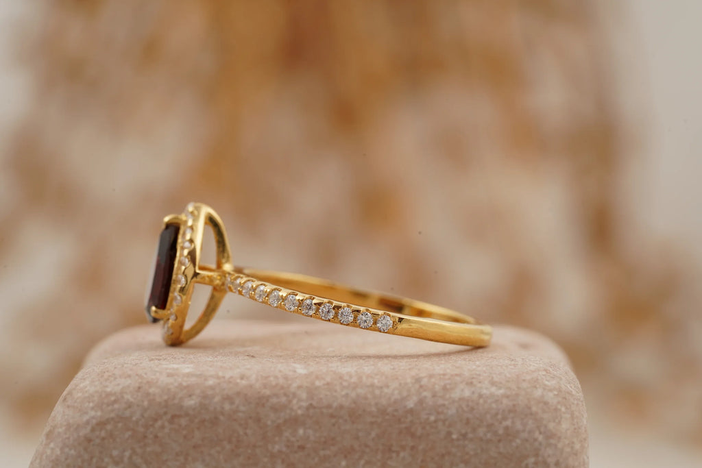 Pear Cut Red Garnet Halo Diamond Engagement Ring - MinimalistJewels