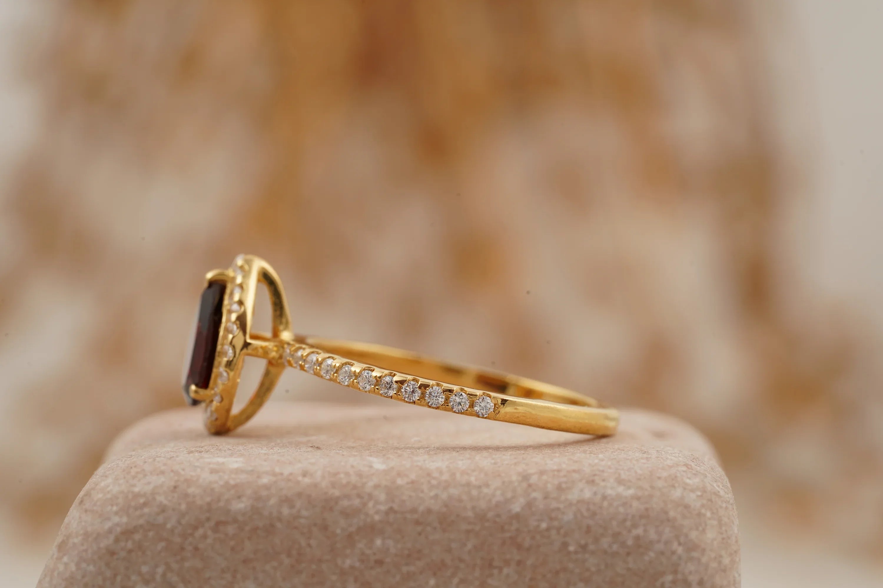 Pear Cut Red Garnet Halo Diamond Engagement Ring - MinimalistJewels