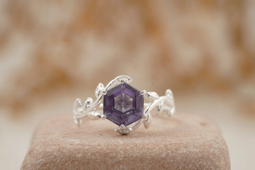 Hexagon Cut Alexandrite Nature Inspired Leaf Engagement Ring - MinimalistJewels