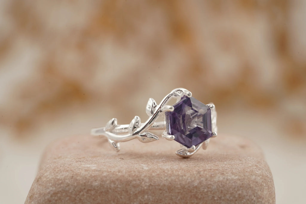 Hexagon Cut Alexandrite Nature Inspired Leaf Engagement Ring - MinimalistJewels