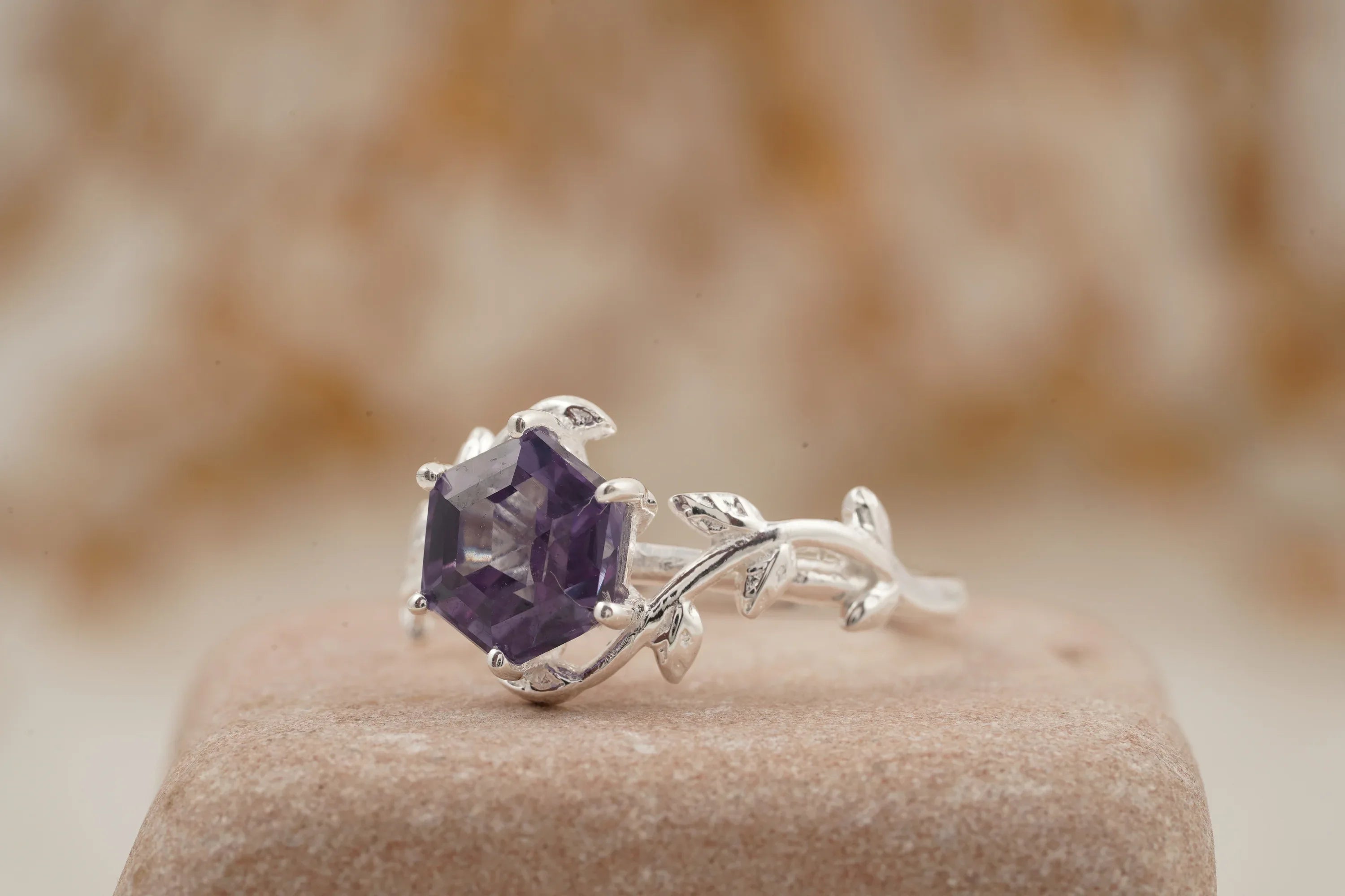Hexagon Cut Alexandrite Nature Inspired Leaf Engagement Ring - MinimalistJewels