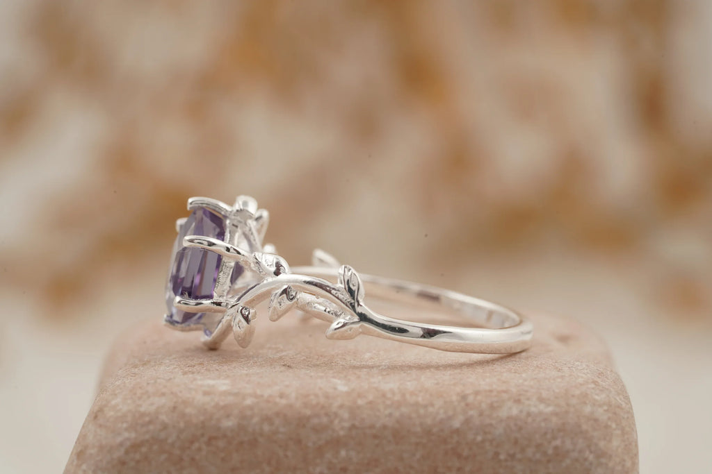 Hexagon Cut Alexandrite Nature Inspired Leaf Engagement Ring - MinimalistJewels