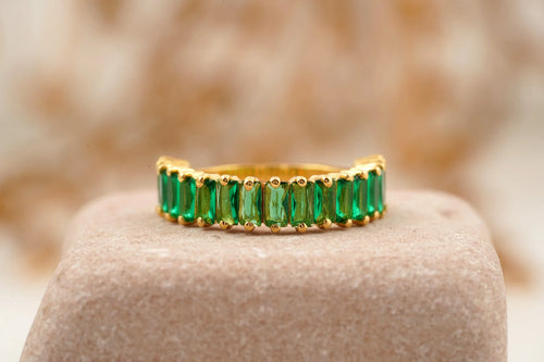 Baguette Cut Emerald Half Eternity Art Deco Wedding Band - MinimalistJewels
