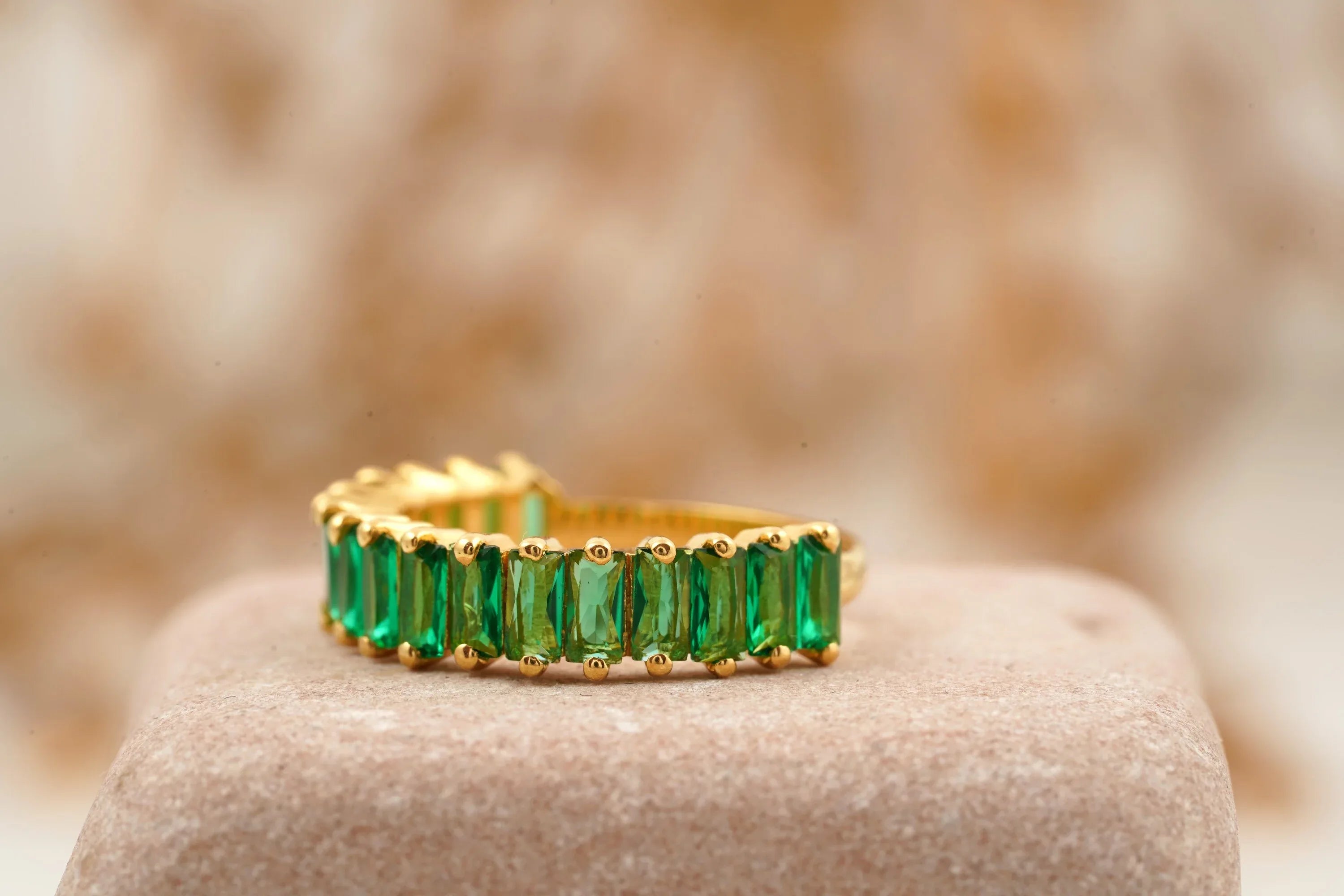 Baguette Cut Emerald Half Eternity Art Deco Wedding Band - MinimalistJewels