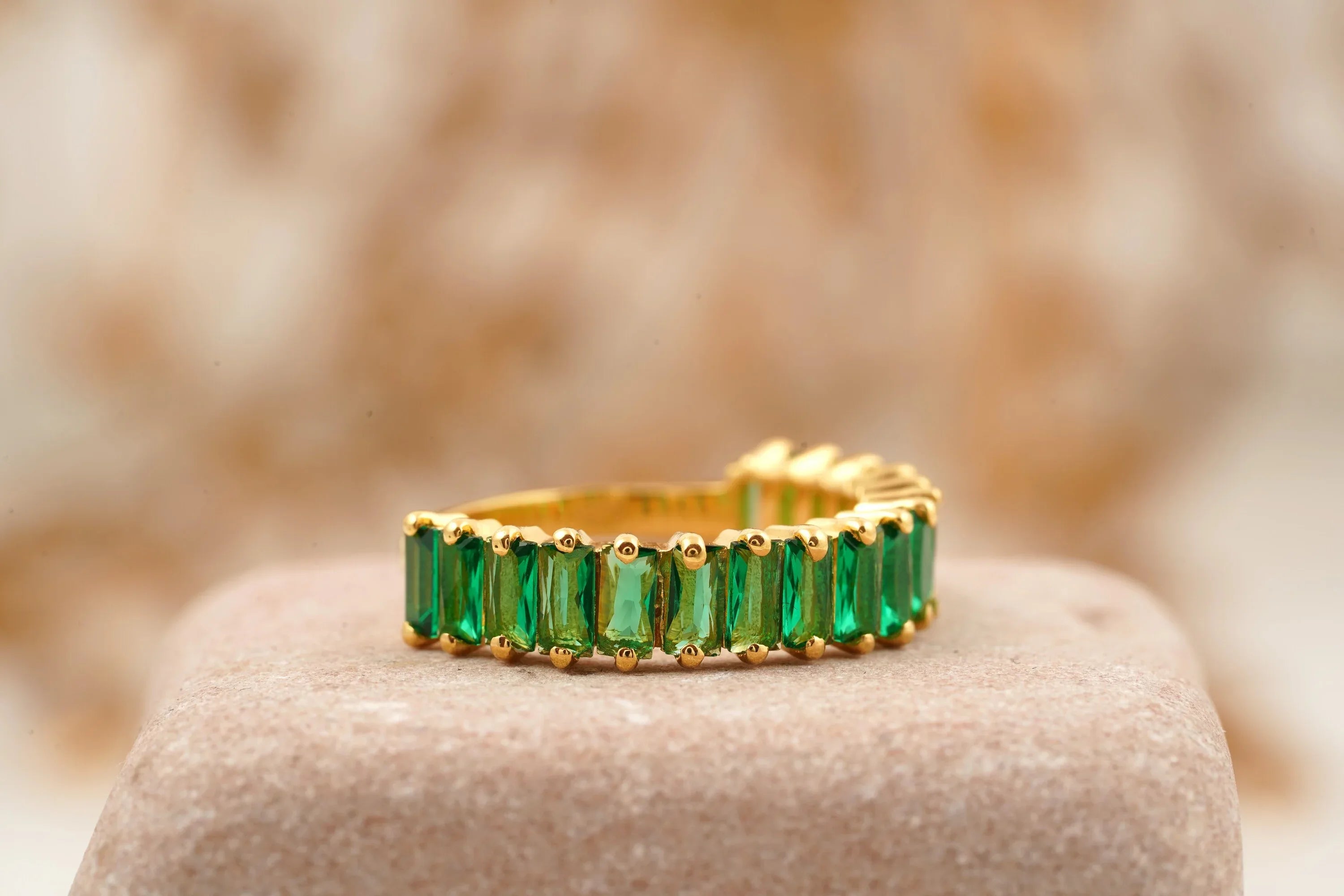 Baguette Cut Emerald Half Eternity Art Deco Wedding Band - MinimalistJewels
