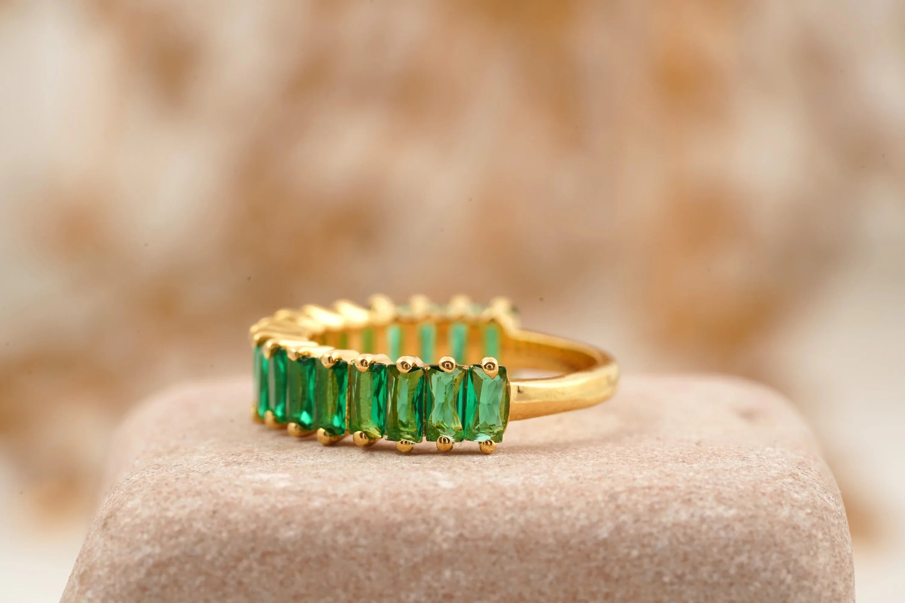 Baguette Cut Emerald Half Eternity Art Deco Wedding Band - MinimalistJewels