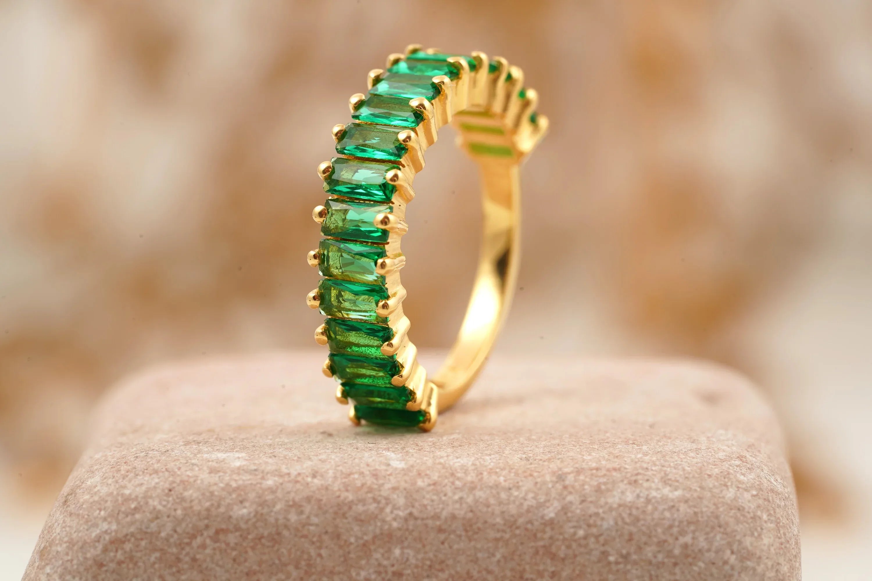 Baguette Cut Emerald Half Eternity Art Deco Wedding Band - MinimalistJewels
