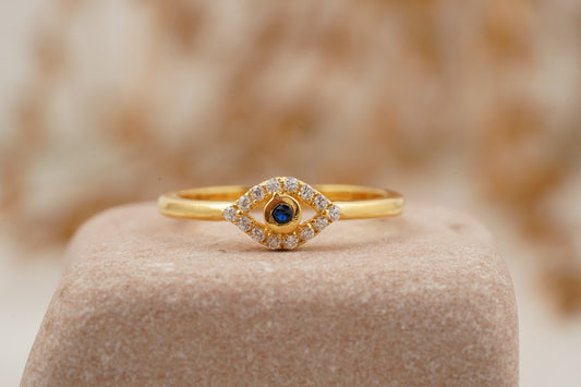 Diamond Evil Eye Ring 14K Solid Gold Minimalist Ring