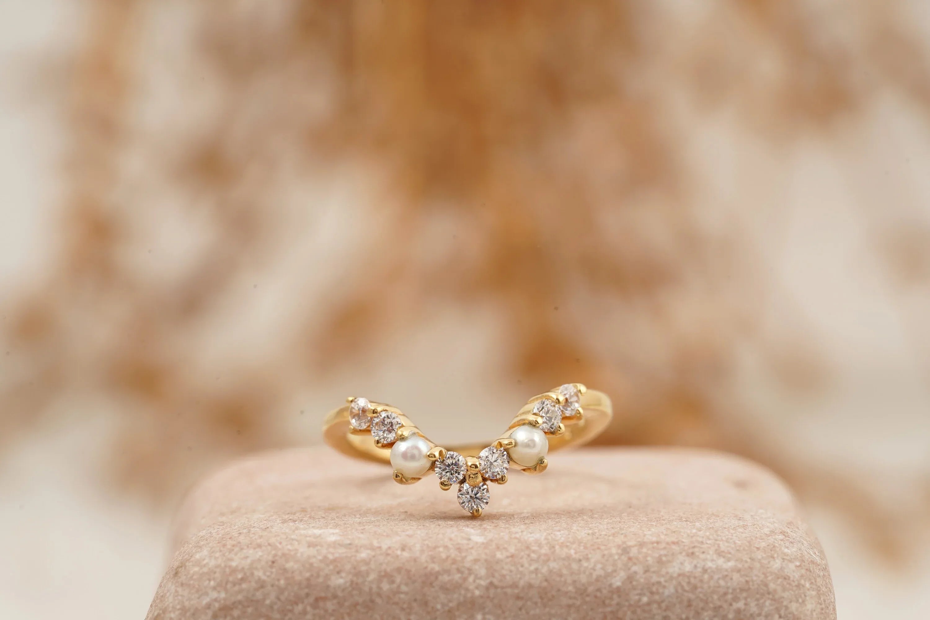 Curved Pearl Wedding Band Solid Gold Ring Pearl band ring - MinimalistJewels