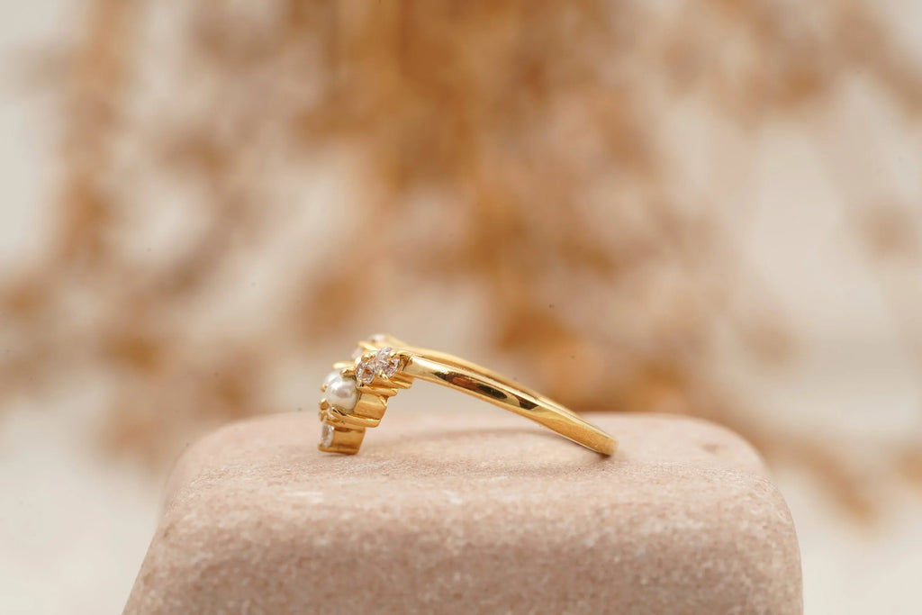 Curved Pearl Wedding Band Solid Gold Ring Pearl band ring - MinimalistJewels
