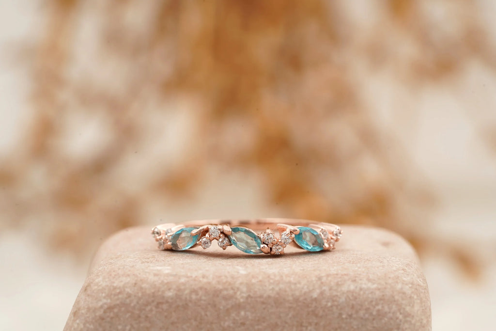 Marquise Aquamarine Wedding Band Solid Gold March Birthstone - MinimalistJewels