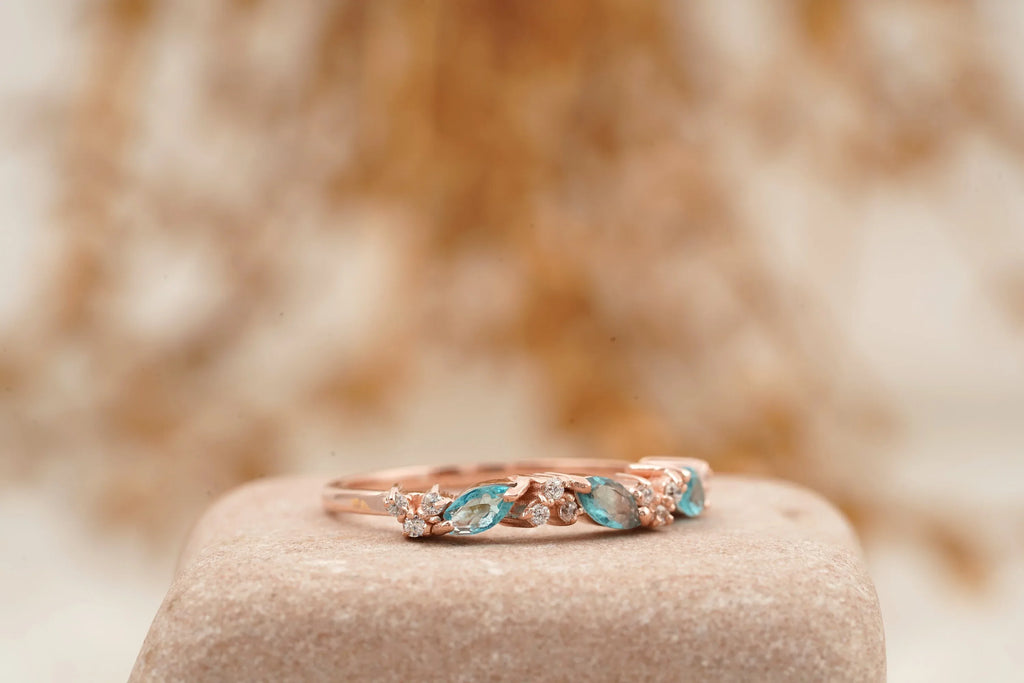 Marquise Aquamarine Wedding Band Solid Gold March Birthstone - MinimalistJewels