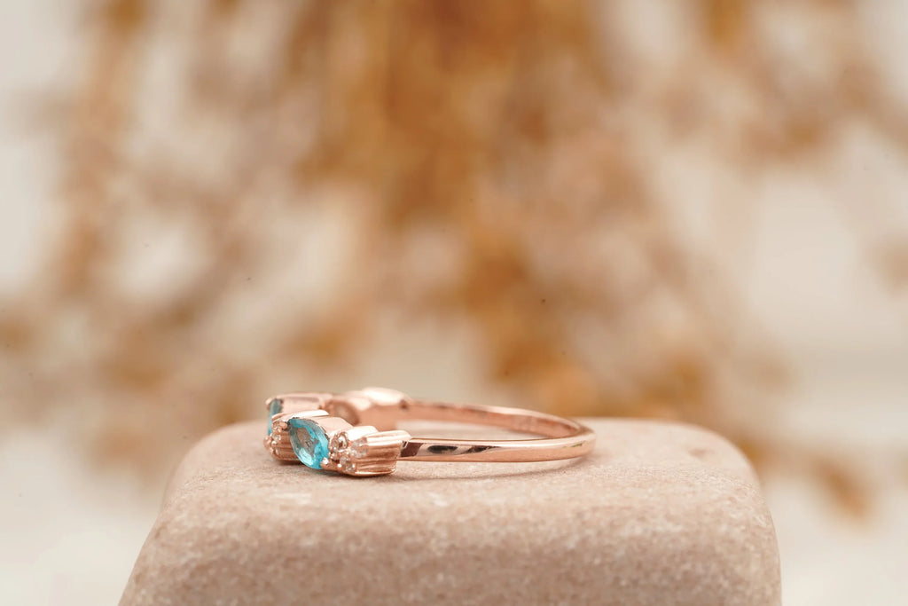 Marquise Aquamarine Wedding Band Solid Gold March Birthstone - MinimalistJewels