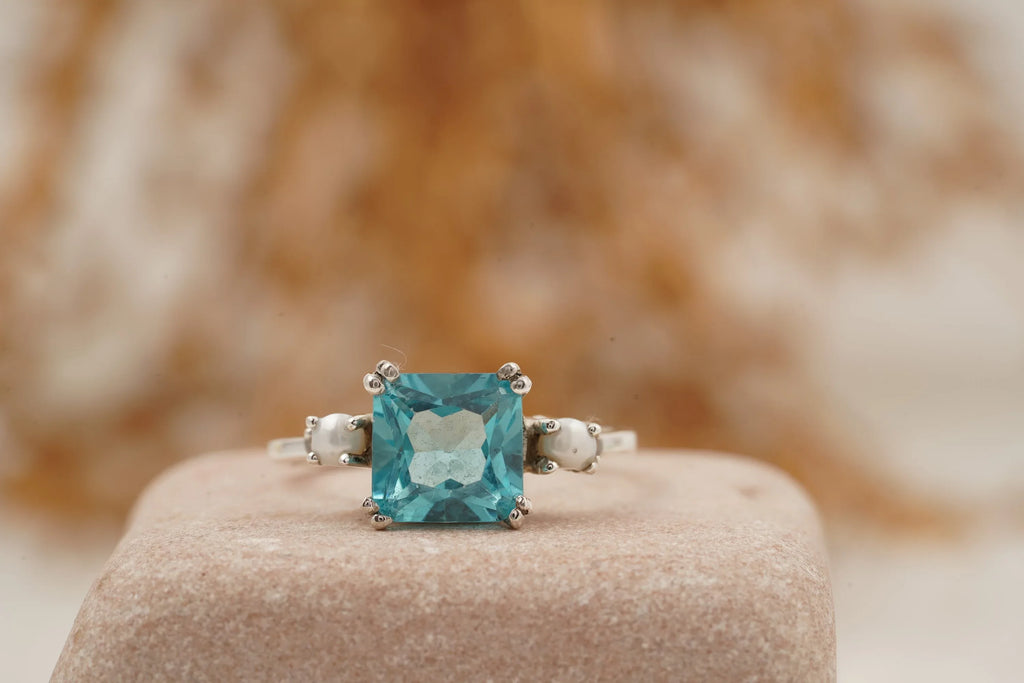 Unique Cushion Cut Aquamarine And Pearl Engagement Ring - MinimalistJewels