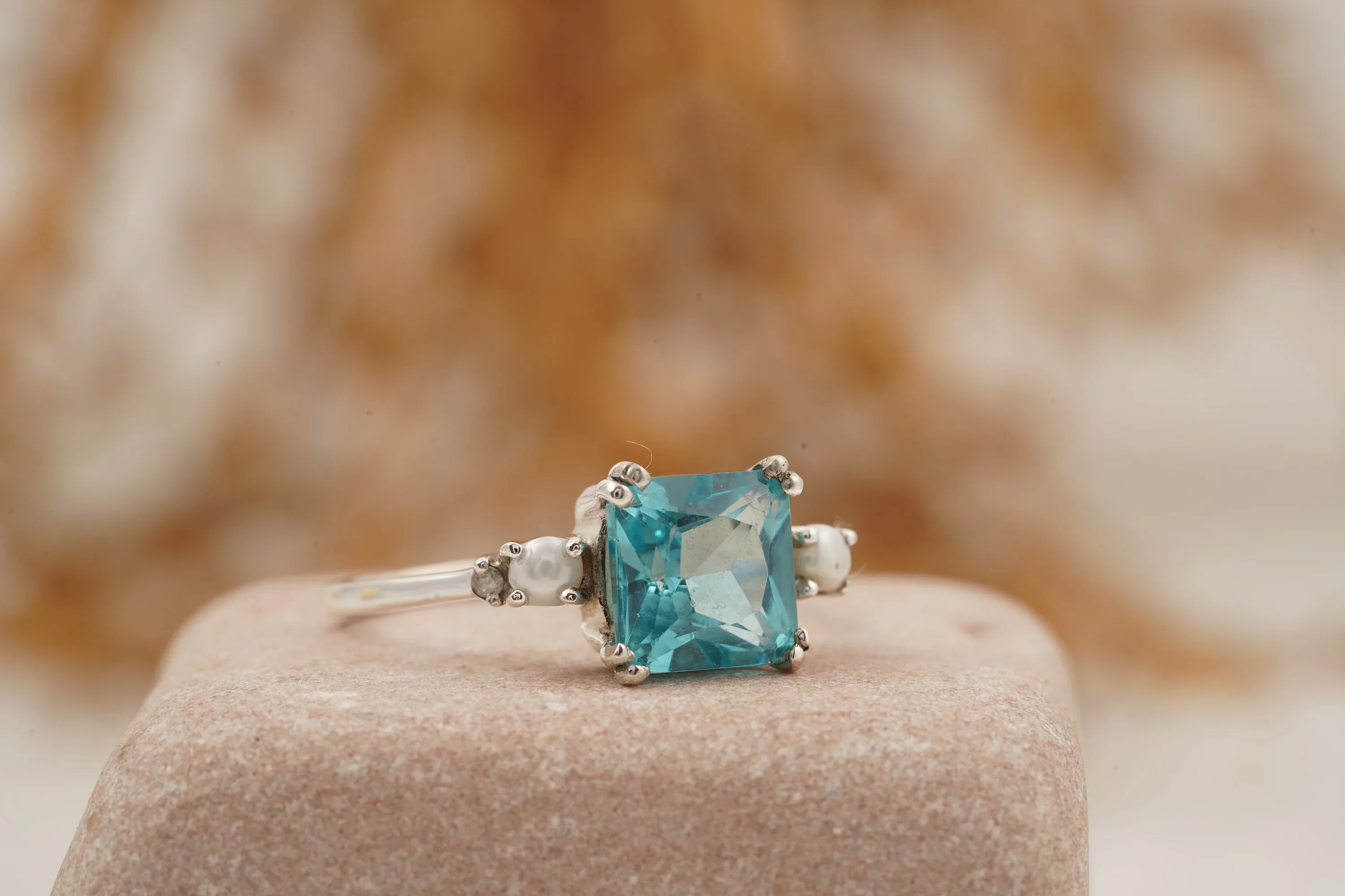 Unique Cushion Cut Aquamarine And Pearl Engagement Ring - MinimalistJewels