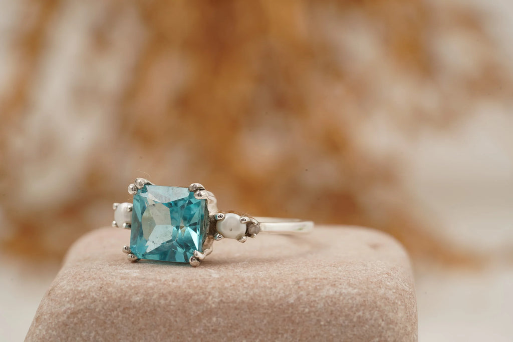 Unique Cushion Cut Aquamarine And Pearl Engagement Ring - MinimalistJewels