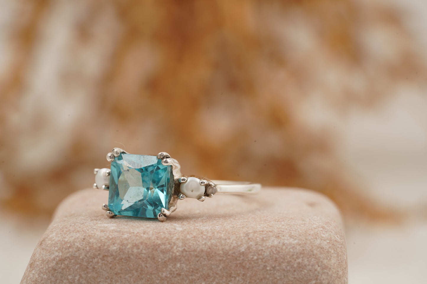 Unique Cushion Cut Aquamarine And Pearl Engagement Ring