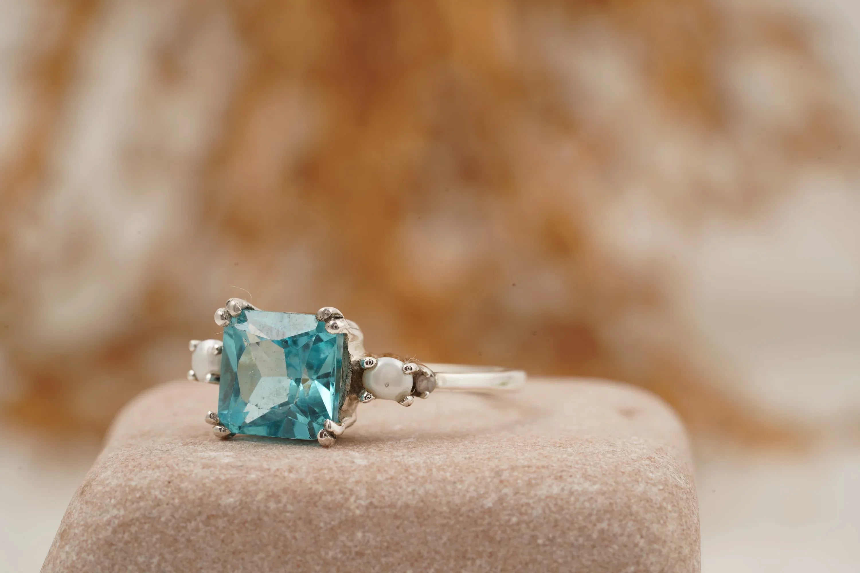 Unique Cushion Cut Aquamarine And Pearl Engagement Ring - MinimalistJewels