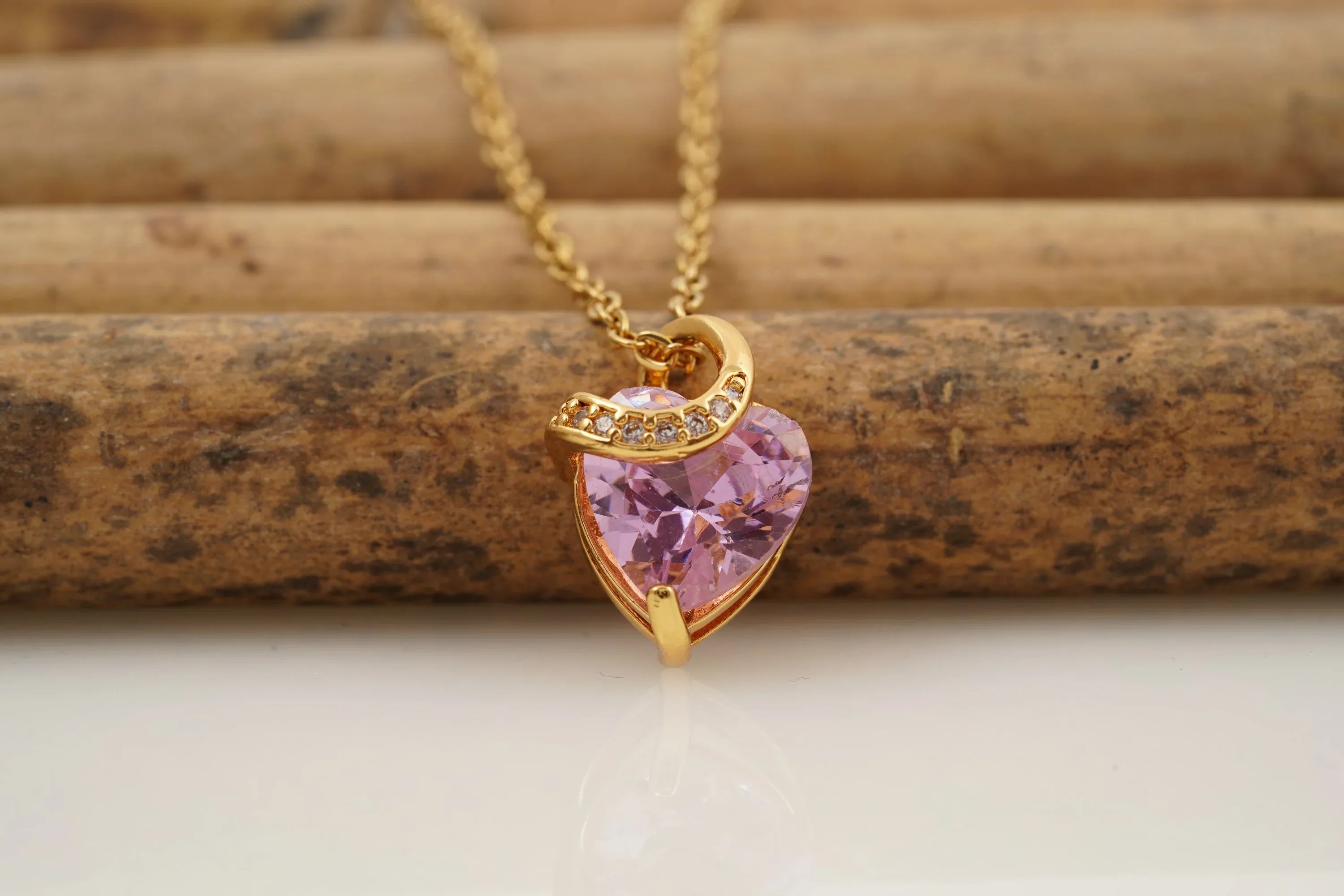Pink Sapphire Heart Shaped Dainty Necklace With Gold Chain - MinimalistJewels