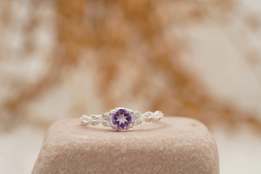 Round Cut Alexandrite 18k White Gold Dainty Engagement Ring - MinimalistJewels